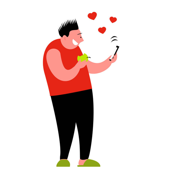 Egy férfi szereti a közösségi oldalakat. Papucsban áll egy almával és egy okostelefonnal a kezében. Boldog mosolyt az arcodra. Vector elszigetelt rajzfilm illusztráció egy fehér háttér. - Vektor, kép