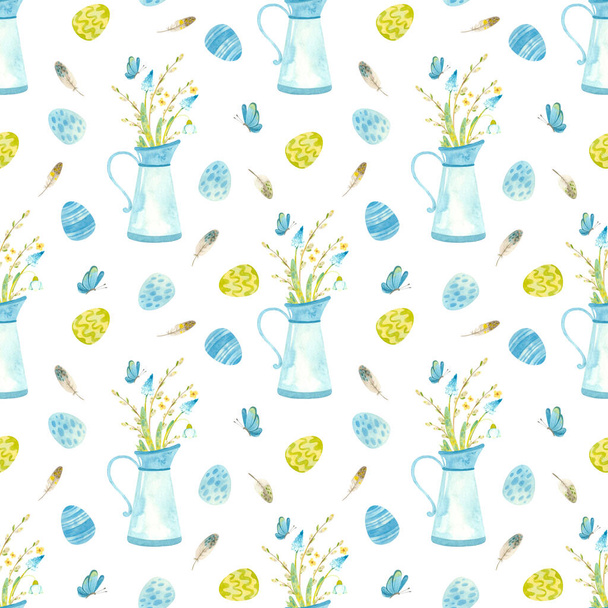 Pâques motif sans couture. gabarit cruche bleue avec des fleurs de printemps, saule chatte et papillons. clipart aquarelle dans la palette bleu-vert sur fond blanc - Photo, image