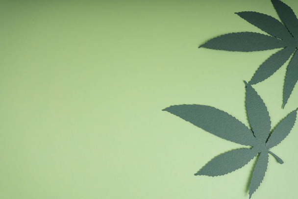 Cannabis or marihuana leaf over light green background. Copy space. - Photo, Image