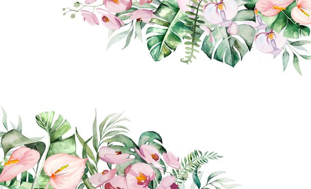 Watercolor tropical flowers and leaves border  illustration - Photo, Image