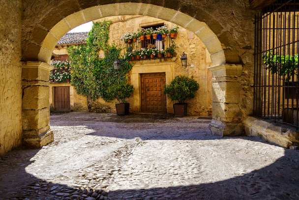 Altstadtstraße mit Tunnel und Steinbogen, Häuser mit Blumen und Pflanzen in Vintage-Atmosphäre. Pedraza, Segovia. Spanien. - Foto, Bild