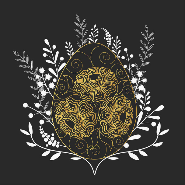 Happy Easter złoto ozdobione jajko na ciemnym tle z białymi gałęziami. Może być używany do kartek okolicznościowych, ulotek, plakatów, banerów, voucherów, elementów internetowych. - Wektor, obraz