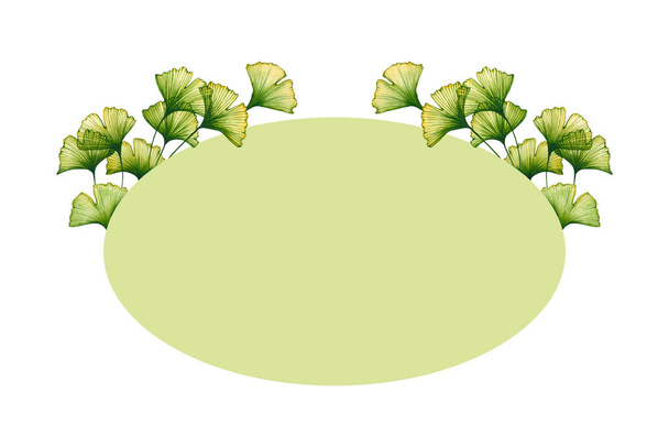 Aquarel groene takken van ginkgo bladeren. Handgetekende illustratie geïsoleerd op wit. Ovaal frame is perfect voor wenskaart, huwelijksuitnodiging, textiel, floristisch design, logo, label - Foto, afbeelding