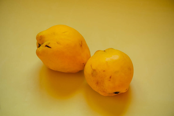 Fresh quince in natural light. Isolated fall yellow fruits. Minimal image. quince on a yellow background - Photo, Image