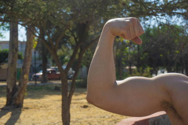 strong muscular arm with flexed biceps muscles in park - Photo, Image