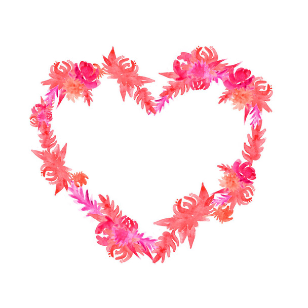 Çiçekli kalp şeklinde suluboya çelenk. Bahar çiçekleri. Botanik aşk kartı tasarımı. Sevgililer günü için ya da anneler günü dekorasyonu için, posterler, kartpostallar, düğün davetiyeleri, defter, kırtasiye, planlamacı - Fotoğraf, Görsel