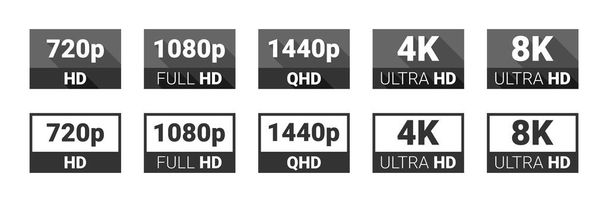 Symbol für Videoqualität. HD, Full HD, 2K, 4K, 8K Auflösung Symbole. Symbolstandard für hochauflösende Displays. Vektorillustration - Vektor, Bild