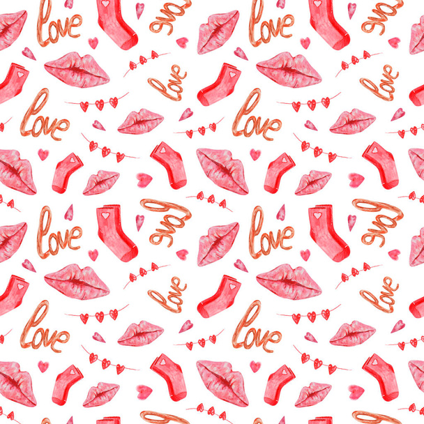 Watercolor hand drawn seamless pattern. Lovely repeating Valentine's day texture with love, lips, socks, garland elements for wedding, birthday, greeting cards, scrapbooking, posters,gift paper, print - Photo, Image