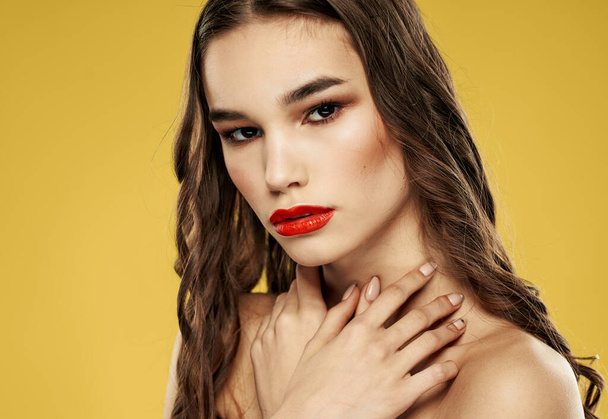 Atractiva dama con labios rojos pelo largo a modelo morenas - Foto, Imagen