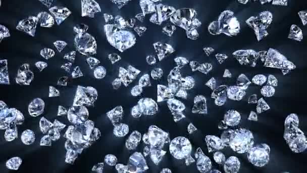 Mnoho šperků diamantové kameny padající na černé pozadí se světlem. Křišťálové kameny a šperky. Pojem bohatství a prosperity. Bezešvé smyčky 4k - Záběry, video
