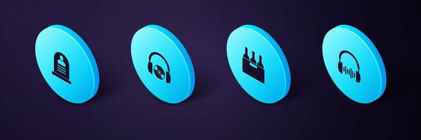 Set Isometric Headphone and sound waves, Bottles of wine in box, Headphones CD or DVD and Tombstone with RIP written icon. Vector. - Vector, Image