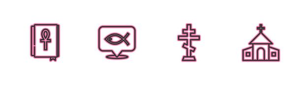 Set line Cross ankh book, Christian cross, fish and Church building icon. Vector - Vector, Image