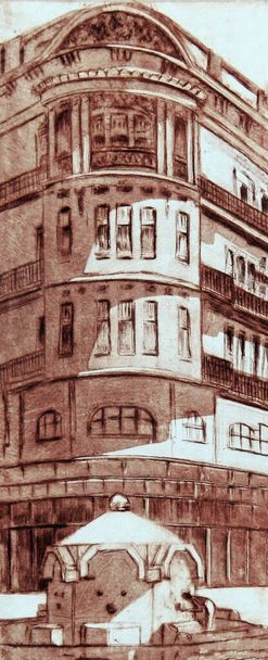 Brunnen und berühmtes Gebäude in der Knez Mihailova Straße in Belgrad. Illustration durch künstlerische Grafiken - Foto, Bild