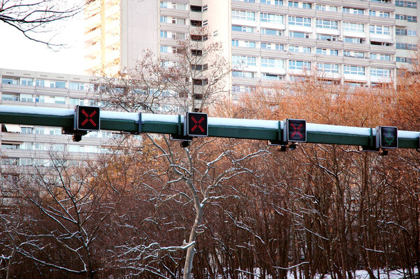 Yüksek binaların ve karlı ağaçların önündeki trafik ışığı kontrol sistemi kırmızı haçları ve yeşil oku gösteriyor - Fotoğraf, Görsel