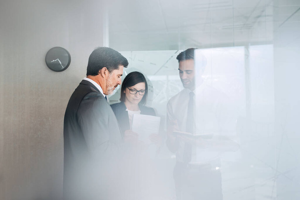 Grupo de empresarios exitosos hablando juntos sobre papeleo mientras están de pie en una oficina - Foto, Imagen