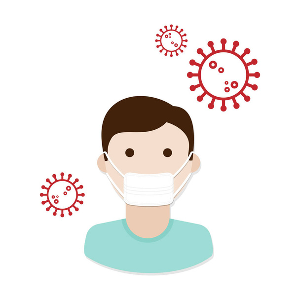 Un hombre con una máscara médica. Protección contra el coronavirus 2019 nCoV. Concepto de brote de gripe, riesgo para la salud pública, covid 2019, MERS-CoV, SARS-CoV. Ilustración vectorial, diseño plano - Vector, imagen