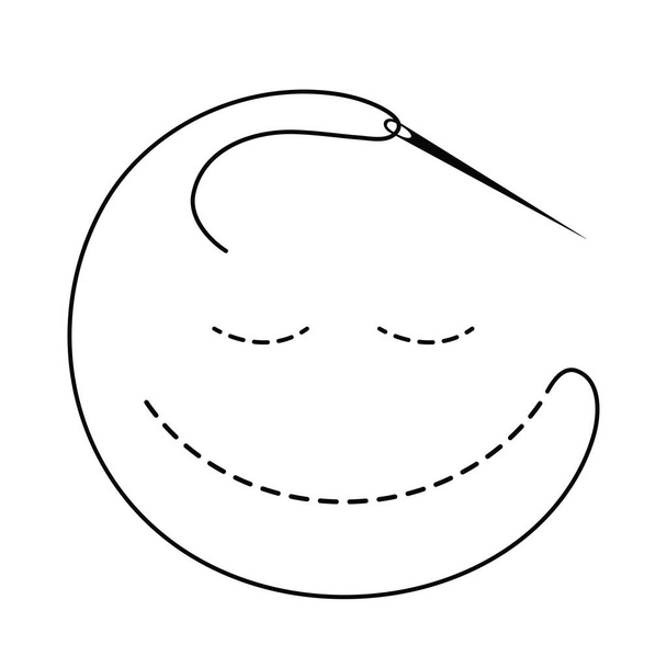 Silhouette of embroidered smile with interrupted contour and closed eyes. Vector illustration of handmade work with embroidery thread and needle on white background. - Vector, Image