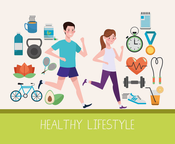 pareja corriendo con iconos de estilo de vida saludable - Vector, Imagen