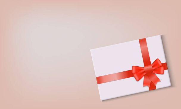 Weiße Schachtel mit roter Schleife und Band auf pastellfarbenem Hintergrund. Ansicht von oben. Vektorillustration. - Vektor, Bild