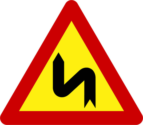 Предупреждающий знак с опасными кривыми на левом символе - Фото, изображение