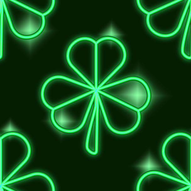 Seamless raster pattern for St. Patrick's Day. Green neon clover leaves on a dark green background. - Photo, Image