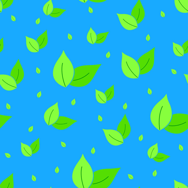 Green Leaves seamless pattern on blue background. Vector colorful texture. Concept of Eco friendly. World Earth day icon - Vector, Image