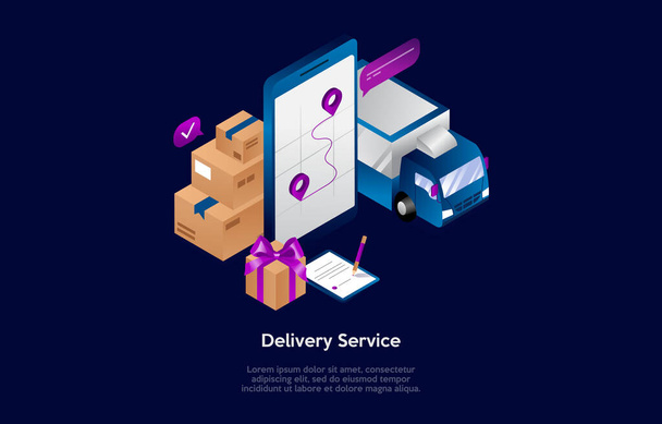 Isometric Composition In Cartoon 3D Style. Vector Illustration On Dark Background With Elements. Delivery Service Concept Design. Telephone With Map On Screen, Big Lorry, Cardboard Boxes And Papers - Vector, Image