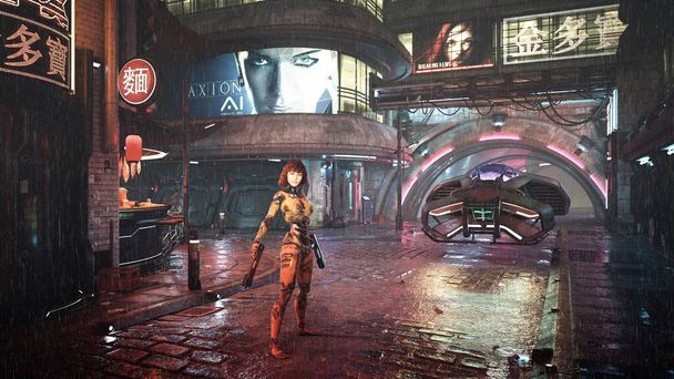 Una mujer cyborg de pie en una calle de la ciudad estilo cyberpunk en la noche bajo la lluvia, sosteniendo un arma en cada mano. Un coche volador futurista se cierne en el fondo. Foto realista 3d render. - Foto, Imagen
