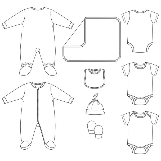 Conjunto de Vector Elementos de roupa de bebê. Baby Layette dorminhoco bodysuit moda modelo de esboço plano. Ilustração Técnica da Moda. Infant One piece pyjama Chapéu cobertor mitts Bib - Vetor, Imagem
