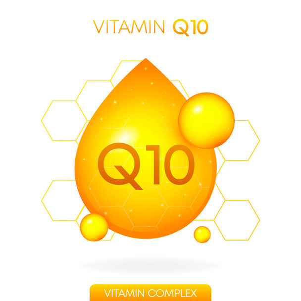 Витамин Q10 реалистичный значок. Капсула с таблетками в виде капли, выделенной на белом фоне. Векторная иллюстрация - Вектор,изображение
