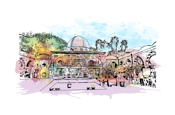 Print Building vista com marco de Damasco é a capital da Síria. Salpicos de aguarela com desenho desenhado à mão ilustração em vetor. - Vetor, Imagem