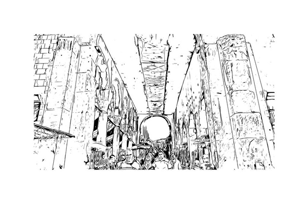 Stampa Edificio con vista storica di Damasco è la capitale della Siria. Illustrazione schizzo disegnato a mano in vettore. - Vettoriali, immagini