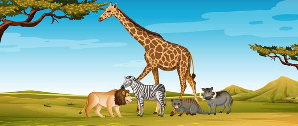 Grupo de animales salvajes africanos en la escena del zoológico ilustración - Vector, imagen