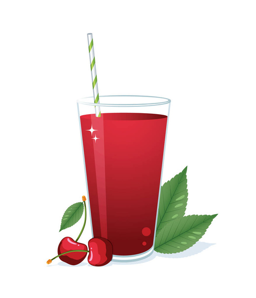 Glass of cherry juice and cherries with leaves isolated on white background. - Vector, Image