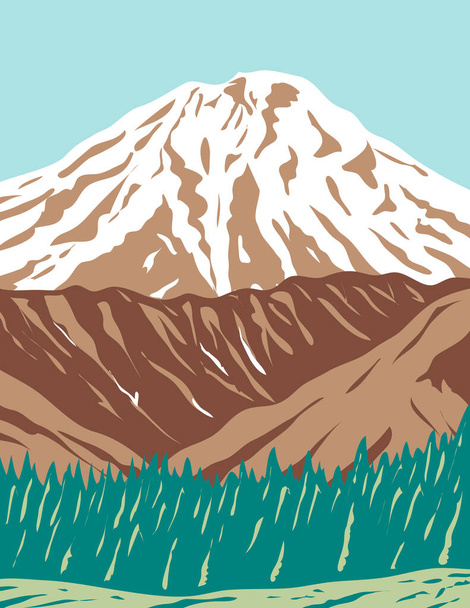 WPA-Plakatkunst des Redoubt Volcano oder Mount Redoubt, eines aktiven Stratovulkans in der weitgehend vulkanischen Aleuten-Gebirgskette Alaskas, in der Projektverwaltung für Bauprojekte oder im Stil von Kunstprojekten auf Bundesebene. - Vektor, Bild