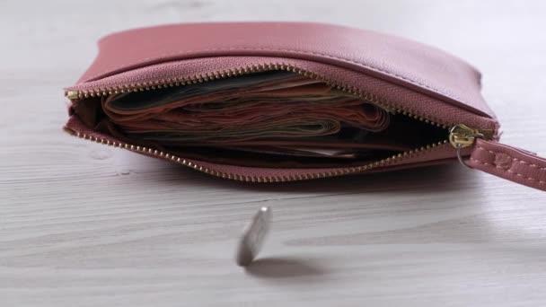 財布はコインの隣のテーブルの上にあります。資金、収入、費用の概念、現金支払い. - 映像、動画