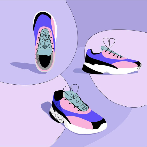 Сучасні модні кросівки на фіолетовому фоні, спереду, збоку і зверху. Векторна ілюстрація намальована рукою
.  - Вектор, зображення