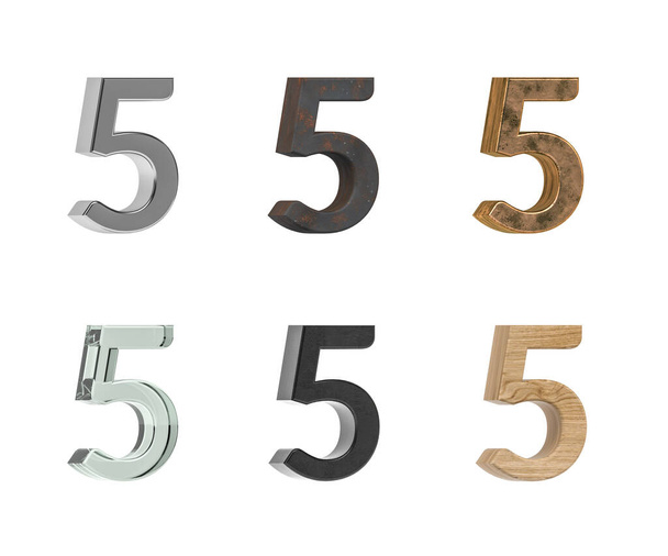 Dígitos tridimensionales 5 con seis tipos de texturas - metal, óxido, latón, vidrio, plástico negro, madera de pino - aislado sobre fondo blanco - 3d render - Foto, Imagen
