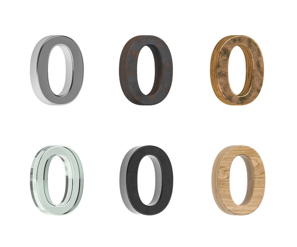 Dígitos tridimensionales 0 con seis tipos de texturas - metal, óxido, latón, vidrio, plástico negro, madera de pino - aislado sobre fondo blanco - 3d render - Foto, imagen