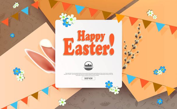 Illustration with a square frame, rabbit ears, a willow twig, slanting curtains - Vector, Image