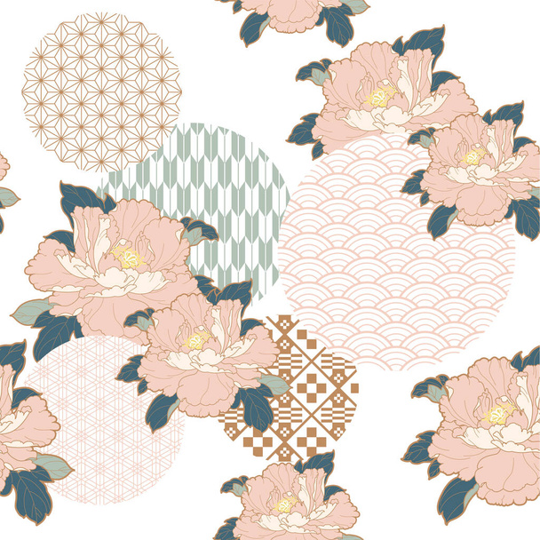 円型ベクトルを持つ日本のパターン。ヴィンテージスタイルの牡丹の花と幾何学模様。抽象画. - ベクター画像