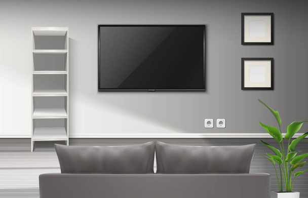 реалистичный векторный интерьер гостиной с серым диваном и телевизионным сценарием, чистыми картинами и книжными полками . - Вектор,изображение
