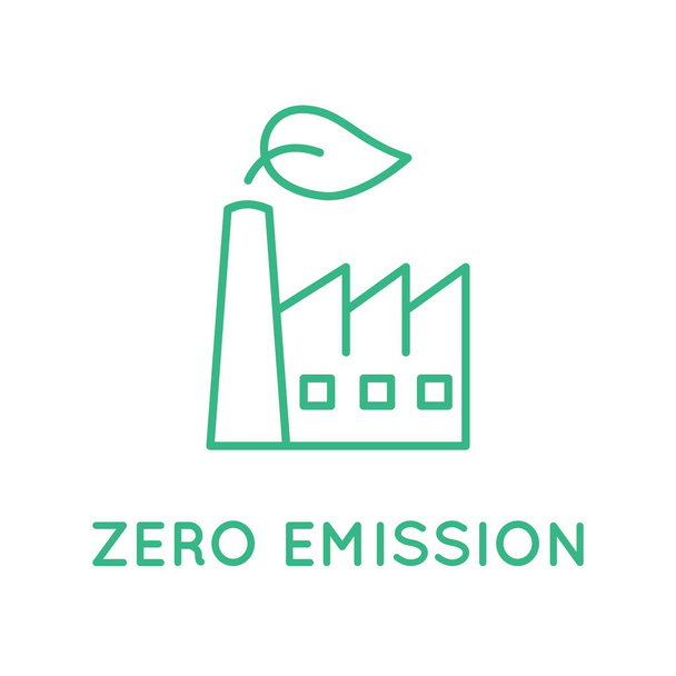 Εργοστάσιο μηδενικών εκπομπών. Βιομηχανική καμινάδα κτιρίου με πράσινο φύλλο. Σήμα μηδενικής εκπομπής, λογότυπο, εικονίδιο, σύμβολο. Καθαρή βιομηχανία. Έννοια περιβαλλοντικής ευθύνης. Εικονογράφηση διάνυσμα, επίπεδη, τέχνη κλιπ. - Διάνυσμα, εικόνα