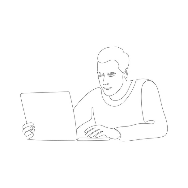 Καθισμένος άνθρωπος που εργάζεται με φορητό υπολογιστή στο τραπέζι πίσω του. Υπάλληλος γραφείου, υπάλληλος, συγκεντρωθείτε στη δουλειά, μια γραμμή σκίτσο τέχνης - Διάνυσμα, εικόνα