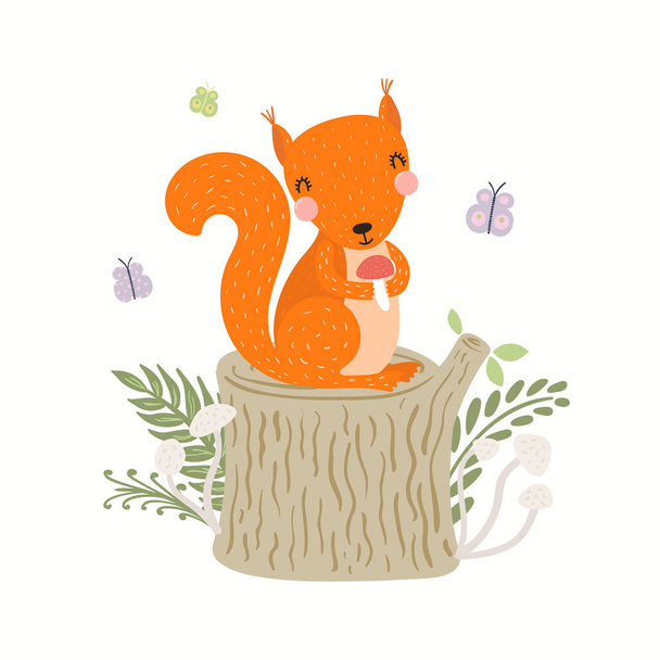 Cute funny squirrel on tree stump, mushrooms - Vector, Image