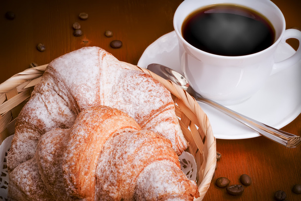 Two croissants and cup of coffee - Fotoğraf, Görsel