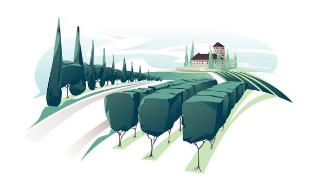 Vinhedo vinho uvas colinas fazenda. Paisagem rural romântica em dia ensolarado com villa, campos de vinha, colinas de plantação, fazendas, prados e árvores. Ilustração criativa de cor vetorial - Vetor, Imagem