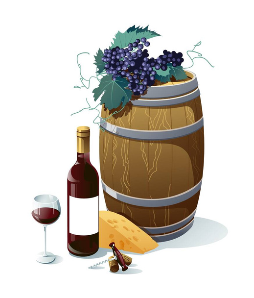 Uva, botella de vino, vino, barril, uvas, queso, ilustración vectorial. Objetos aislados sobre fondo blanco. - Vector, Imagen