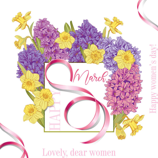 Różowa wstążka w postaci ósemki na białym kwadratowym tle wokół żółtych kwiatów żonkila i różowych hiacyntów, pocztówka na 8 marca i międzynarodowy dzień kobiet, ilustracja banera - Wektor, obraz