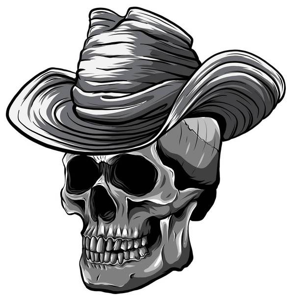monochromatic Vector illustration of Cowboy skull with hat - Vector, Image